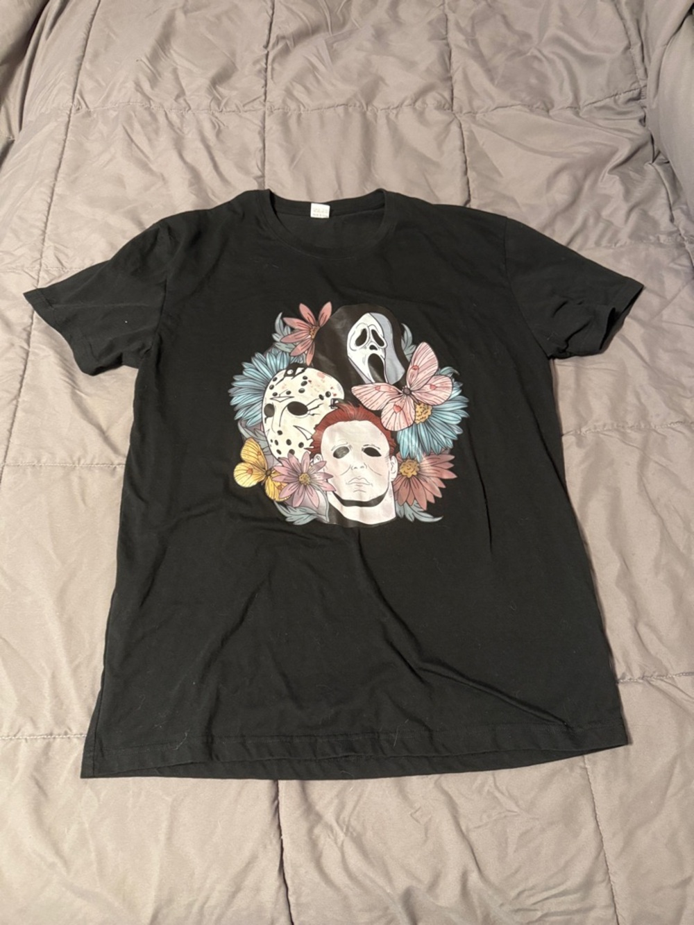 Gildan Black Short-Sleeve Horror Masks Floral Tee